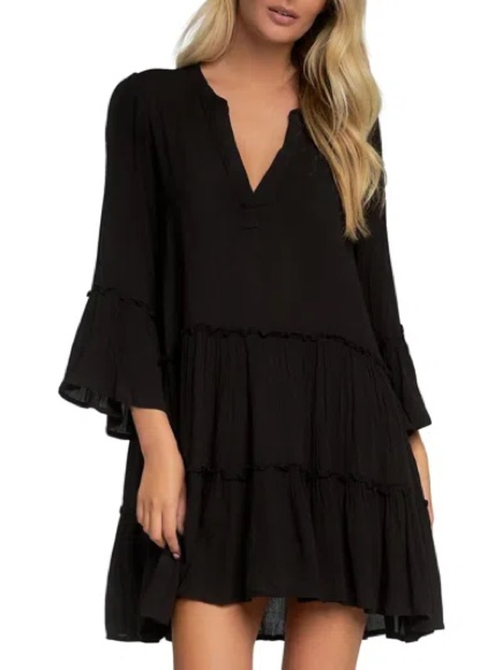 Black Tiered V-Neck Ruffle Sleeve Mini Dress- Sz M